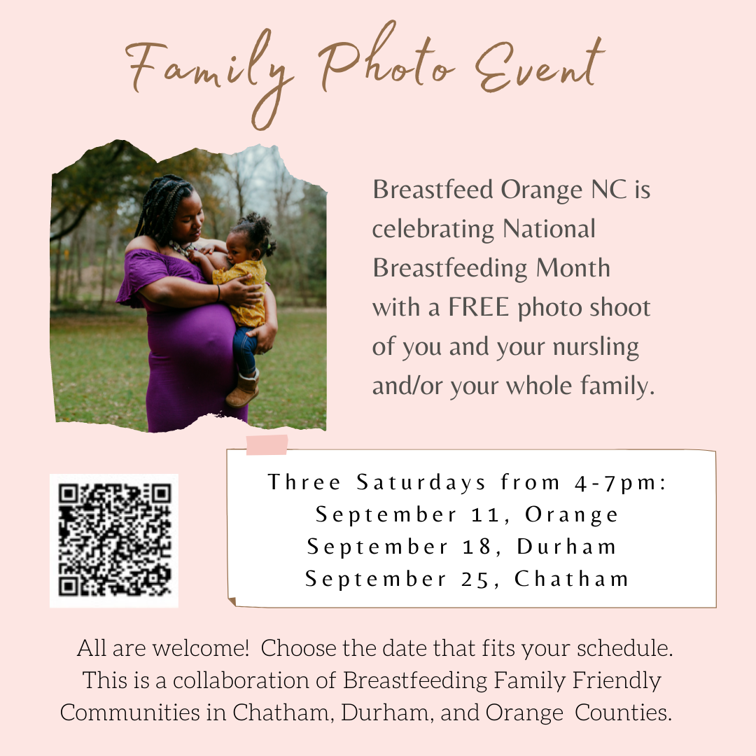 Family Photo event description and dates: Three Saturdays from 4-7pm September 11, orange; September 18, Durham; September 25, Chatham.