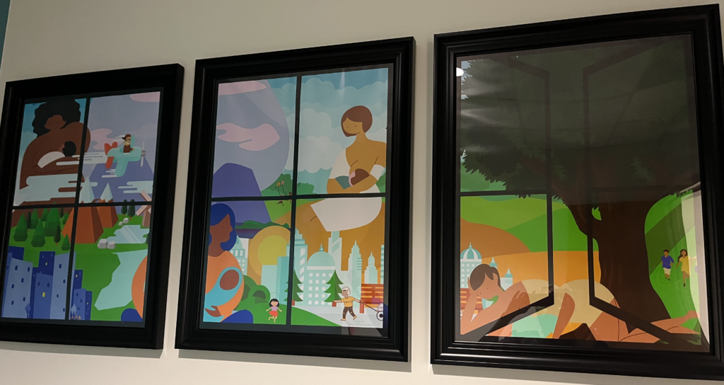 Three paintings of nursing images.