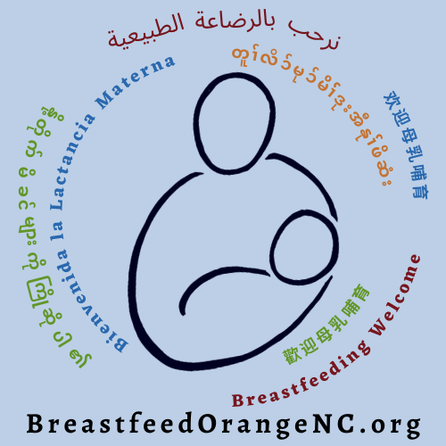 Breastfeed Orange NC logo with Breastfeeding Welcome in seven languages.