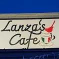 Sign with image of a bird perched on a coffee cup and text: Lanza's Cafe