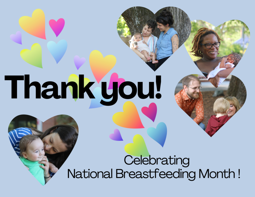 Four hearts with images of child and family with text: Thank You Celebrating National Breastfeeding Month