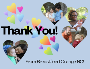 Four hearts with pictures of smiling parents and children with text: Thank you from Breastfeed Orange NC!