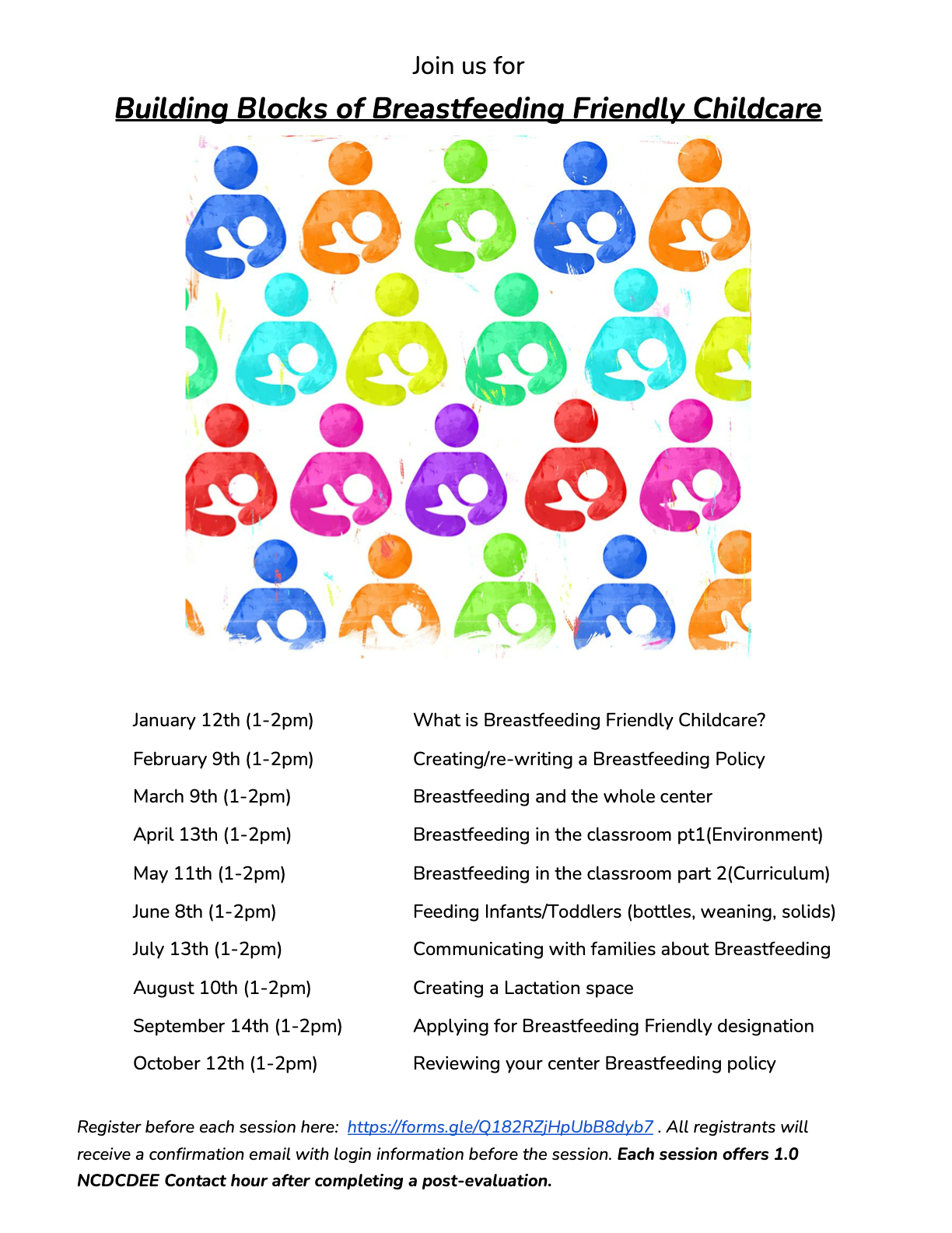 Four rows of with nursing couple images followed by the list of the webinar series for the year