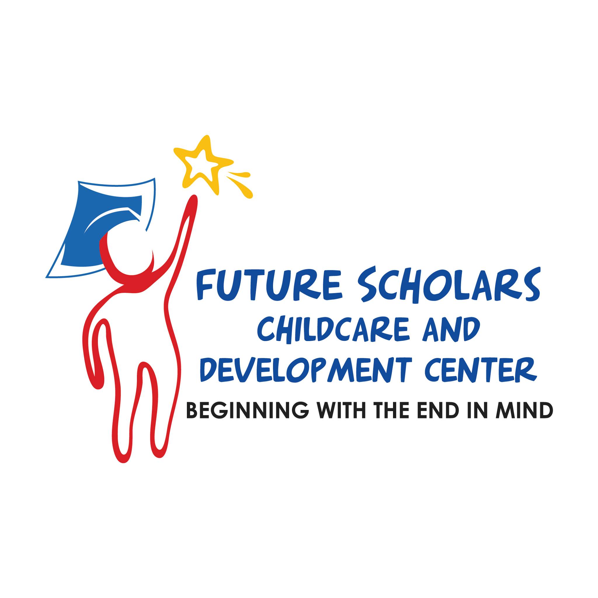 Drawing of a child wearing a mortarboard and holding a star in left hand. Text: Future Scholars Childcare and Development Center, Beginning with the End in Mind.