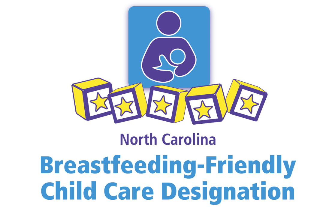 Nursing couple and five blocks with stars inside them and text: North Carolina Breastfeeding-Friendly Child Care Designation